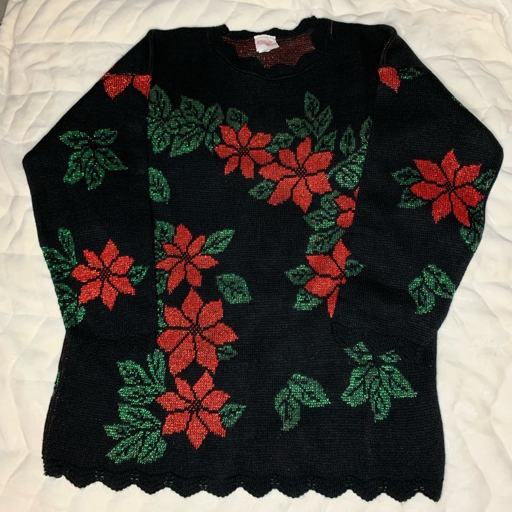 Vintage Holiday Time Poinsettia Sweater Womens Black Green Red Christmas USA Lrg